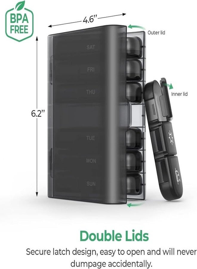 ATHA علبة تنظيم حبوب محمولة من ATHA تكفي 7 أيام | حاوية تخزين أقراص للسفر | منظم أدوية أسبوعي بغطاء مقاوم للرطوبة | علبة حبوب للأدوية اليومية والمكملات الغذائية (قطعة واحدة - أسود) - Image 2